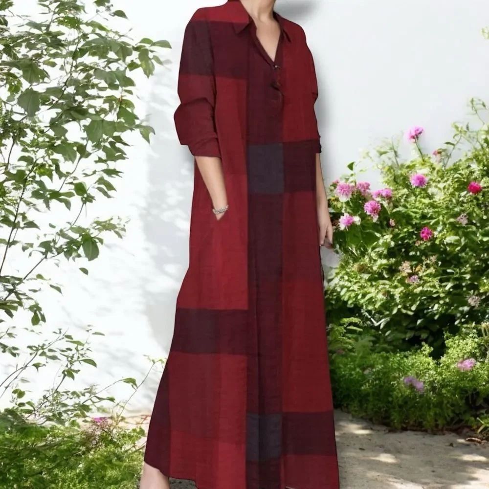 Red Plaid Long Sleeve Button UP Maxi Dress Shirt NWT